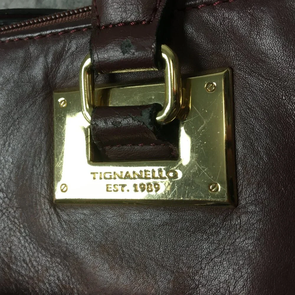 Tignanello Tote Handbag Purse Brown Leather Dark Gold Hardware Pouches Shopper